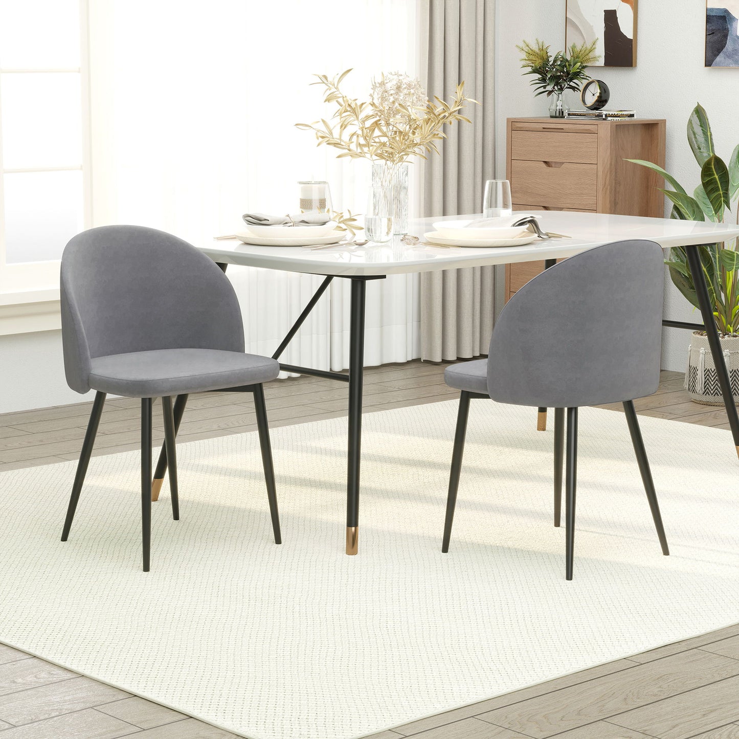 Set of 2 Mid-Back Dining Chair, Mid-Back Velvet-touch Upholstery Kitchen Chair for Living Room Dining Room, Dark Blue