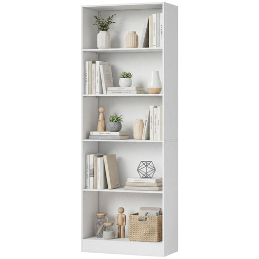 5-Tier Bookcase with Adjustable Shelves - White
