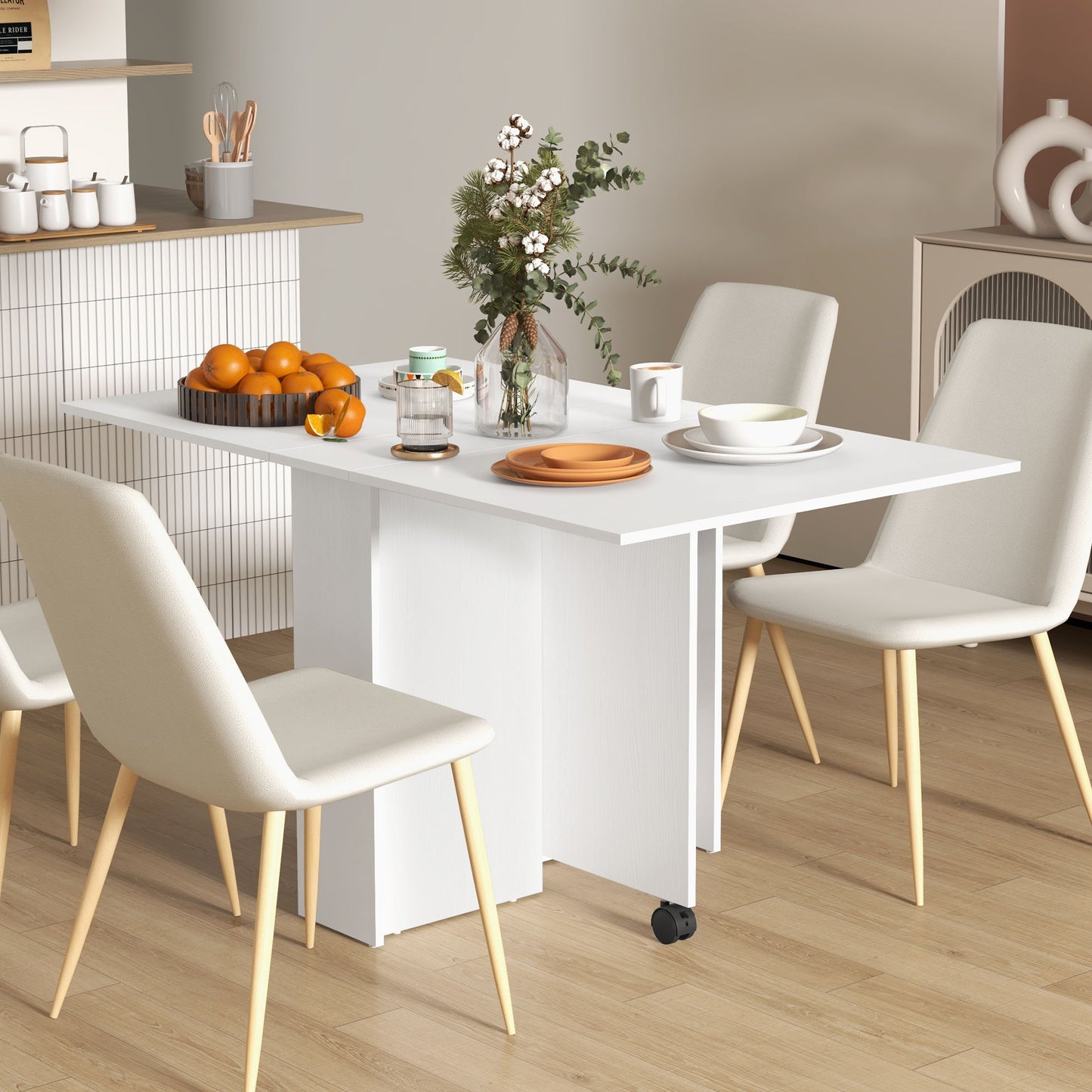 Folding Dining Table, 55" Drop Leaf Table for Small Spaces, Foldable Table with Storage Shelves for Kitchen, Dining Room, White