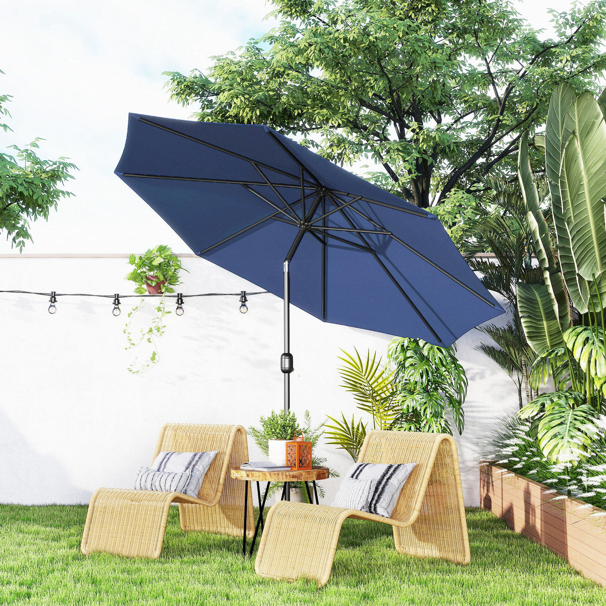 10' x 8' Round Market Umbrella, Patio Umbrella with Crank Handle and Tilt, Outdoor Parasol for Garden, Blue