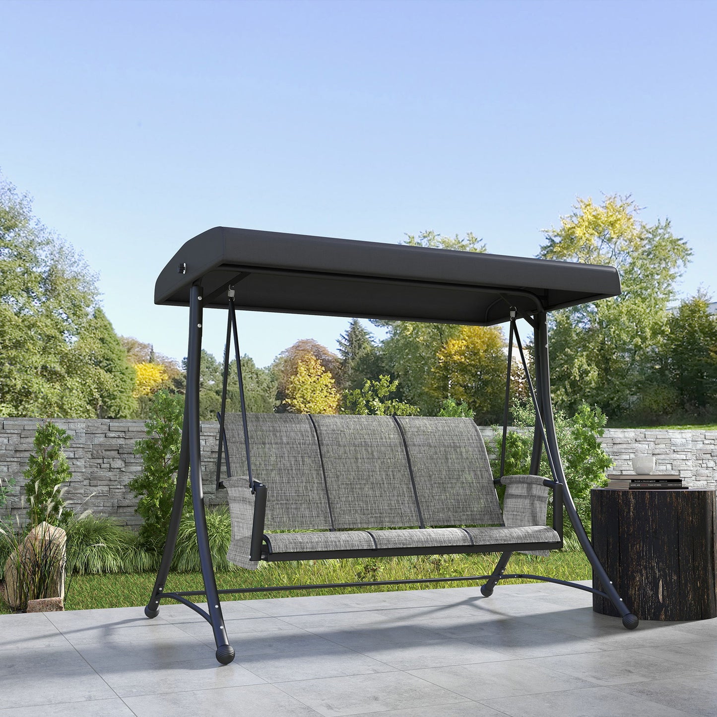 3 Person Outdoor Porch Swing Chair with Adjustable Canopy, Mixed Grey
