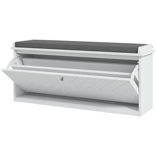Upholstered Shoe Storage Bench with Flip Drawer - White