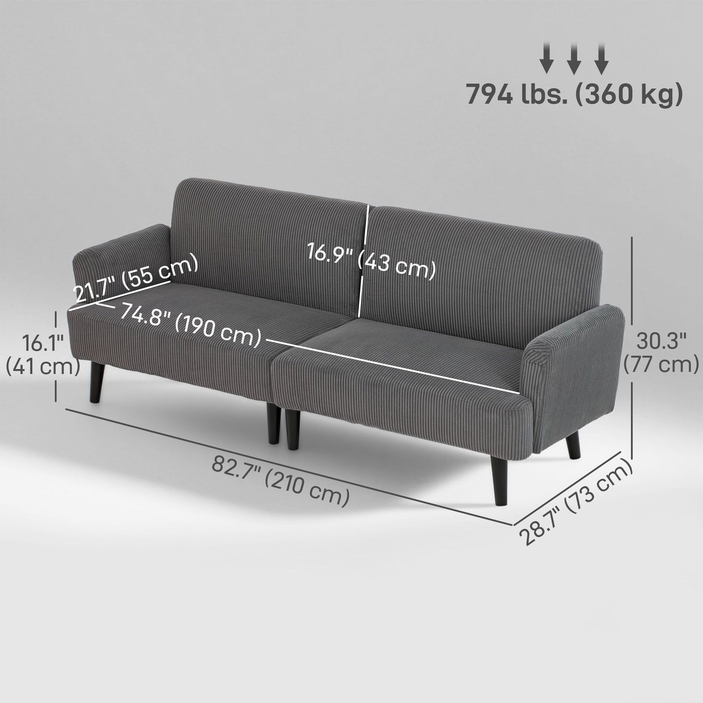 Modern Couch, 3 Seater Sofa, Corduroy Loveseat with Rubberwood Legs and Extra-Wide Seat, Grey