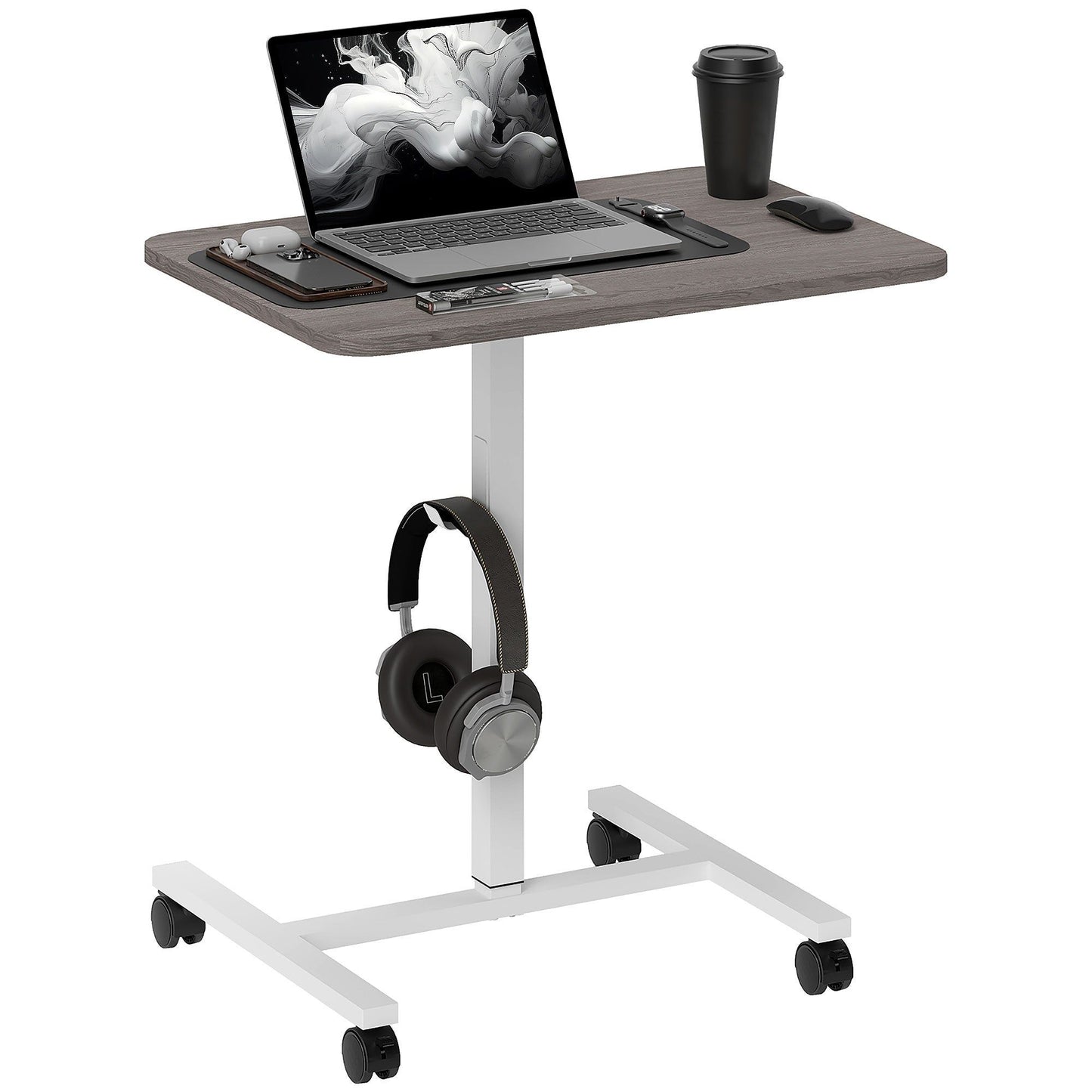 Pneumatic Sit-Stand Desk with Wheels - Grey Wood Grain
