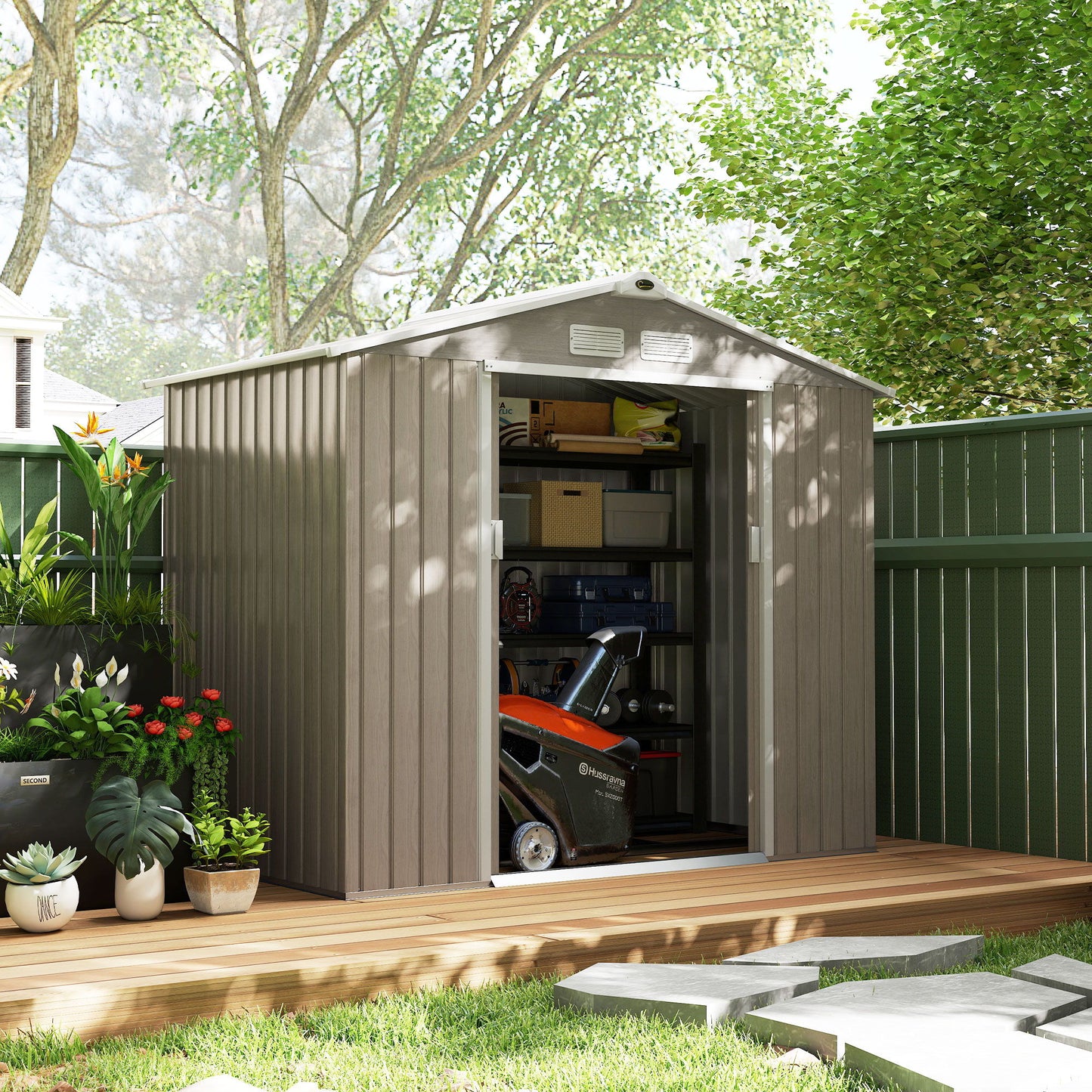 7' x 4' x 6' Garden Storage Shed Outdoor Patio Metal Tool Storage House w/ Foundation Kit and Double Doors Light Brown
