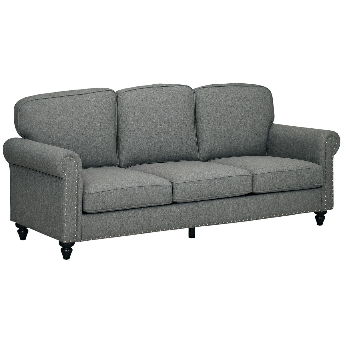 3-Seater Sofa Couch, 81" Modern Upholstered Linen Fabric Sofa with Rubberwood Legs, Nailhead Trim and Rolled Arms for Living Room, Bedroom and Apartment, Grey
