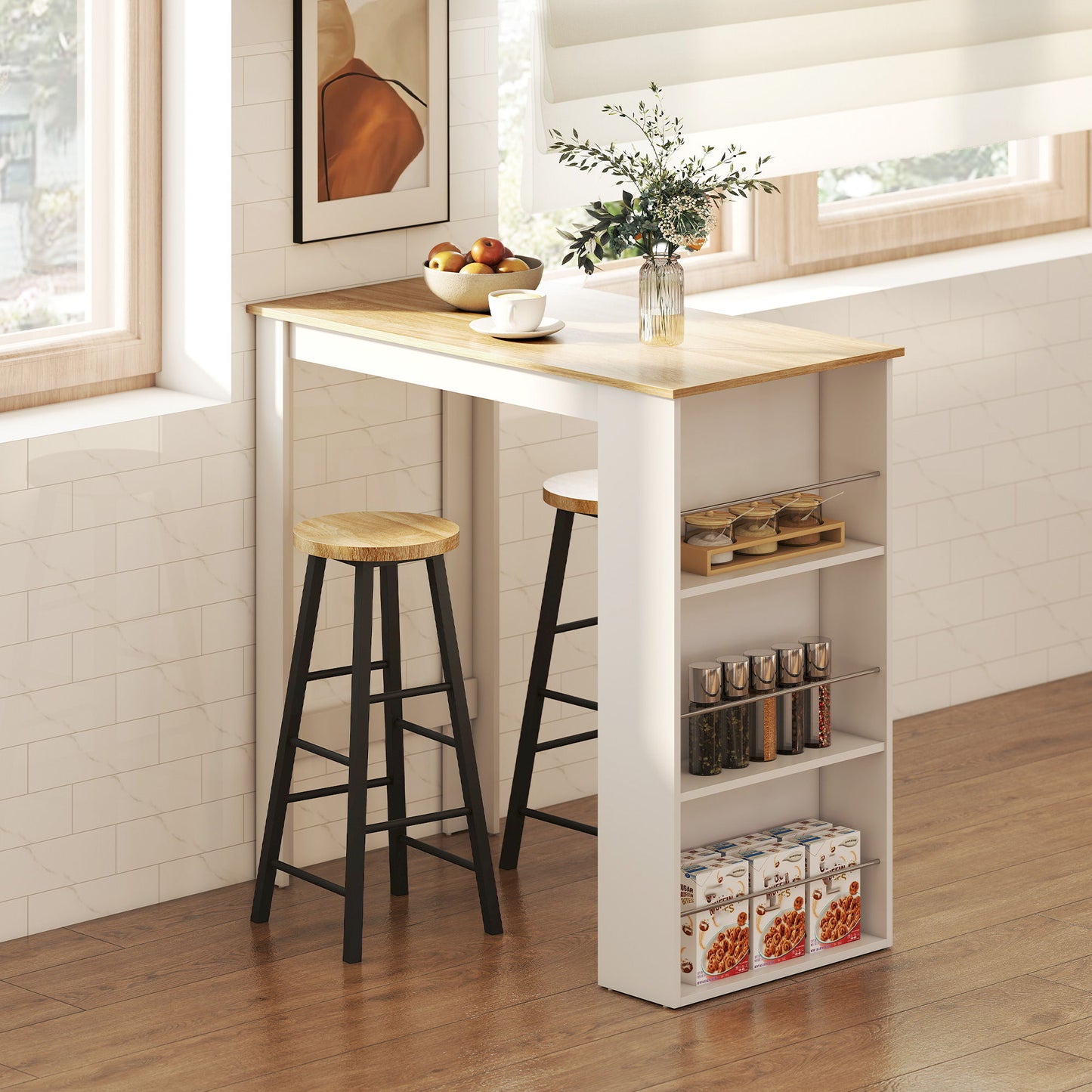 Bar Table Counter Height Dining Table with 3 Storage Shelves for Kitchen, Dining Room, Living Room, White