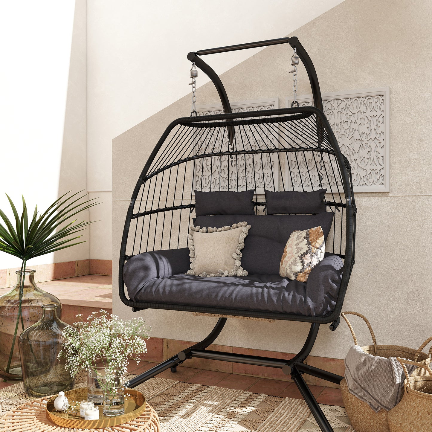 Double Wicker Egg Swing Chair with Stand, Foldable Hanging Egg Chair with UV Resistant Cushion, Headrest, Cream White - Dark Grey