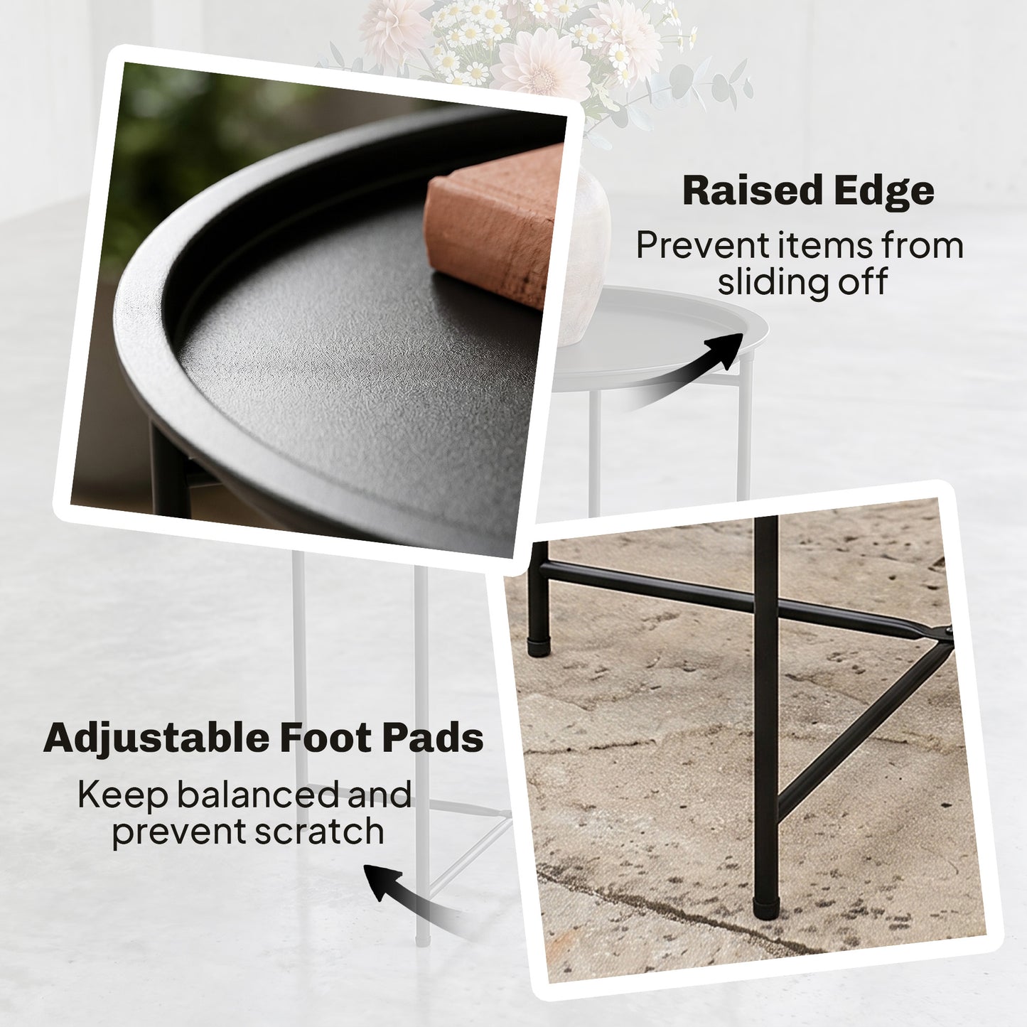 18" Outdoor Side Table with Removable Tray and Folding Legs, Indoor Outdoor for Balcony, Porch, Black