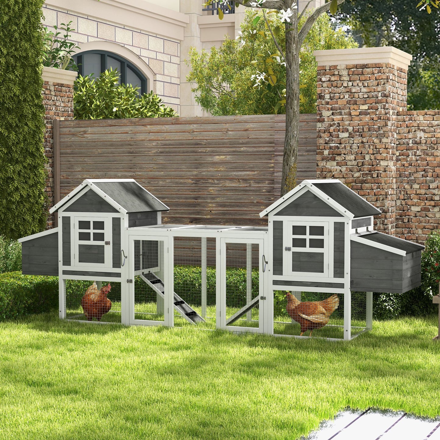 123" Extra Large Chicken Coop Wooden Poultry House Rabbit Hutch Hen Backyard with Run Ramps and Nesting Boxes, Grey