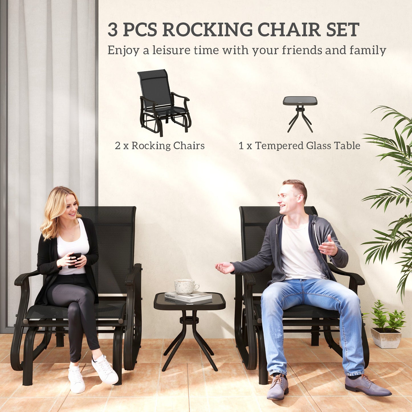 3PCs Gliding Rocking Chair & Bistro Tea Table Set, Grey