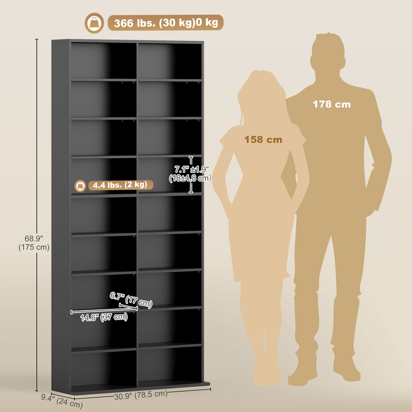 9-Tier DVD Shelf with 18 Compartments and 14 Adjustable Shelves, Holds 640 CDs, 360 DVDs or 430 Blu-rays, Black