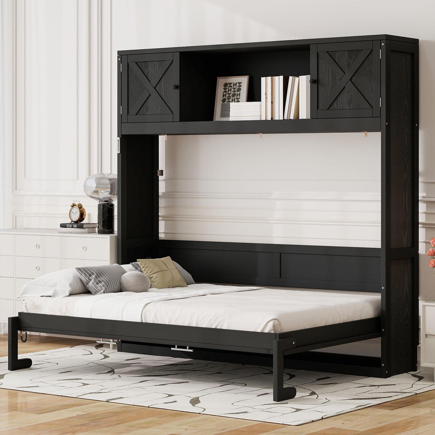 Space-Saving Full Size Murphy Bed with Fold-Down Design, Sturdy Storage Bed with 3 Upper Cabinets, 83" L x 60.5" W x 82" H, Black