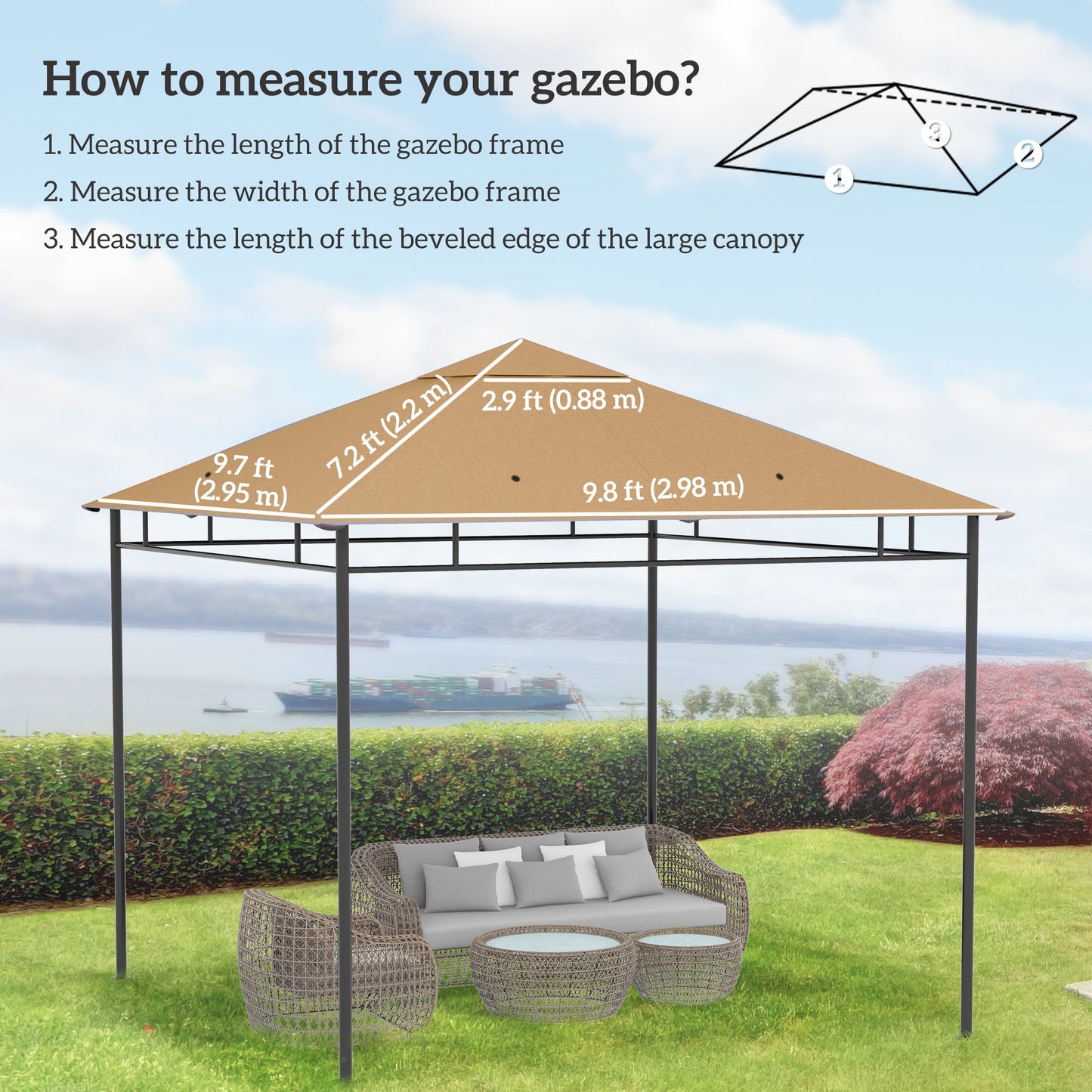 10' x 10' Square Gazebo Canopy Replacement UV Protected Top Cover Sun Shade Beige