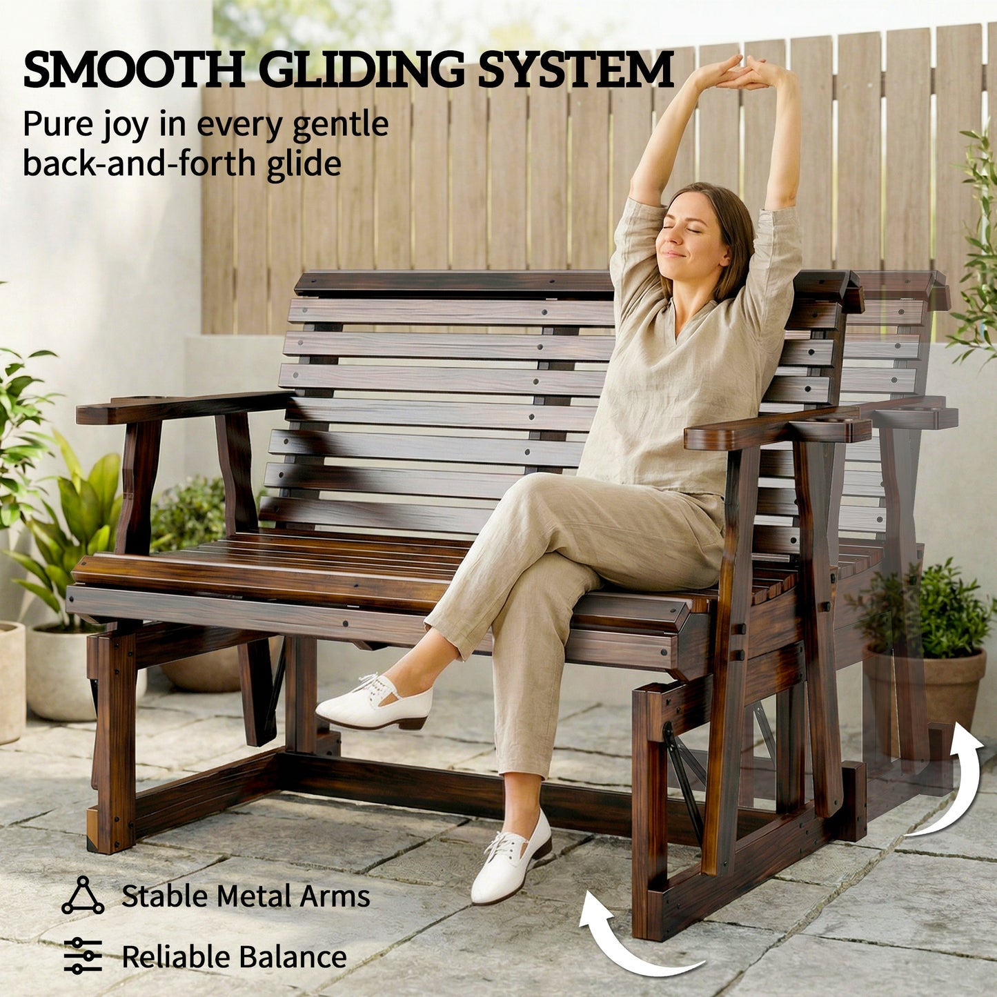 Outdoor Glider Bench, Wooden Glider Chair with 2 Cupholders, Slatted Seat and Armrests, Patio Swing Rocking Loveseat