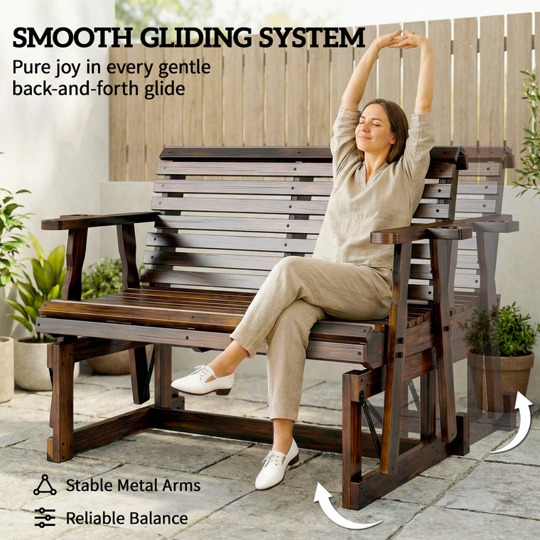 Wooden Glider Bench with Cupholders and Slatted Seat