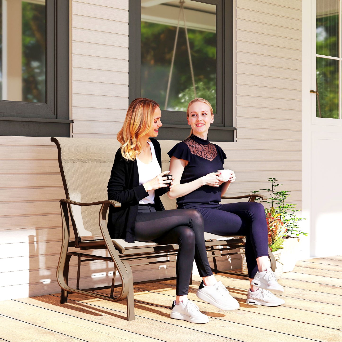 Garden Double Gliding Chair, Patio Glider Armchair for Outdoor, Backyard Mesh Seat and Backrest, Steel Frame, Light Grey