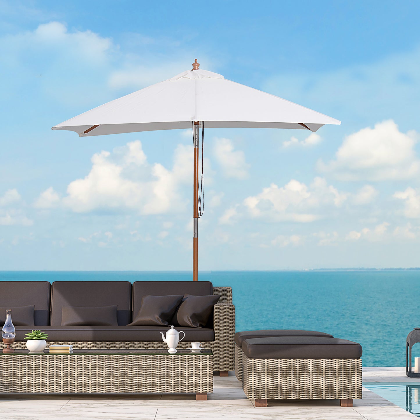 6.6x5ft Fir Wooden Patio Umbrella Square Market Parasol Tilt Mechanism 6 Ribs Garden Sunshade, Cream White