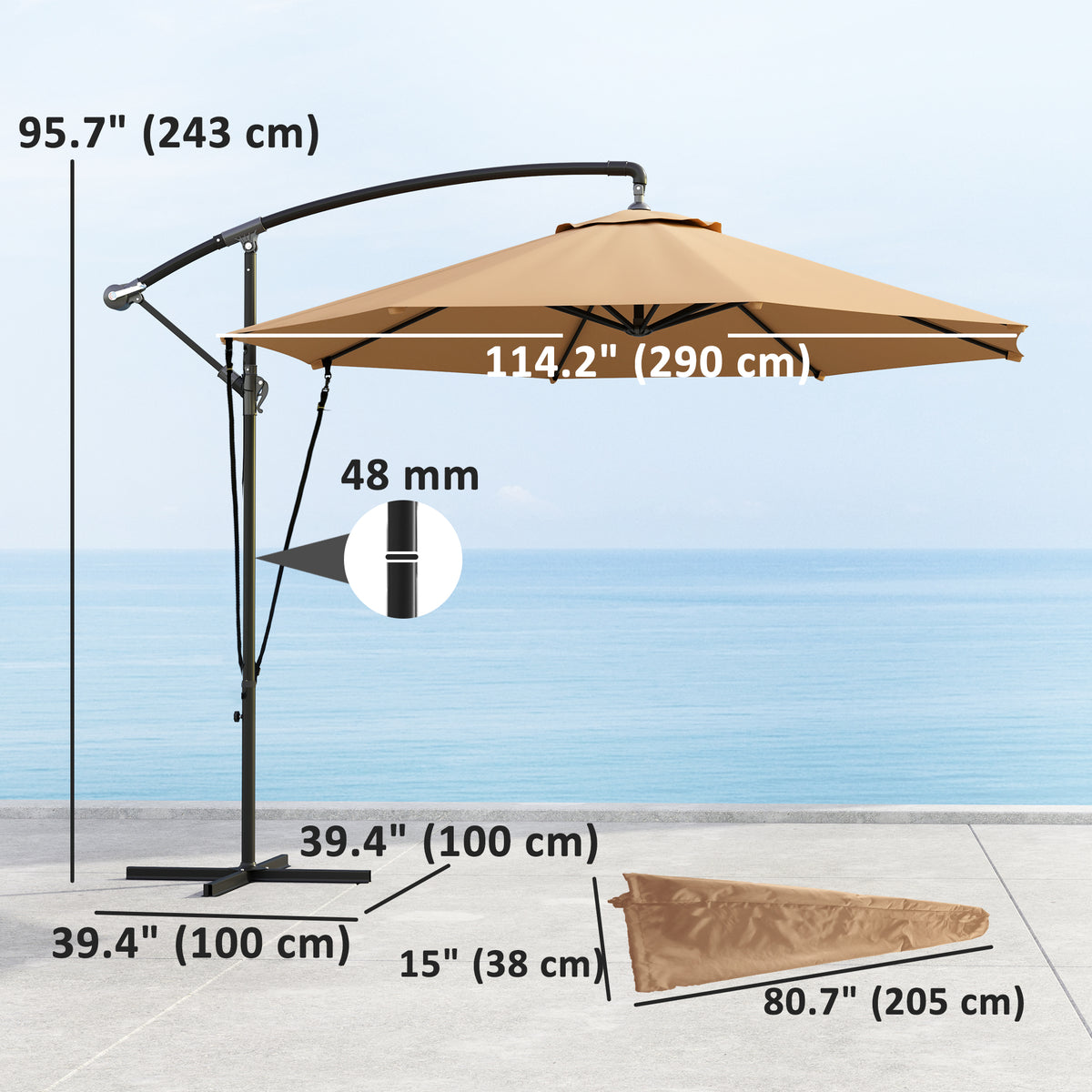 9.5' Khaki Cantilever Umbrella with Wind Protection Strap