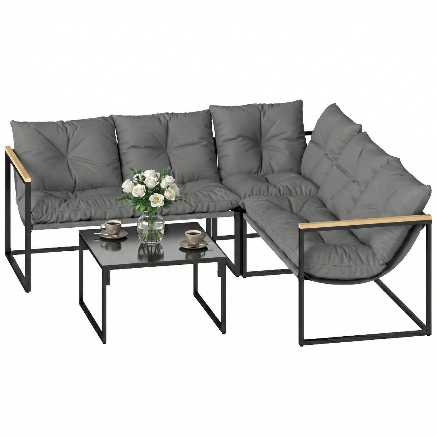 4 Piece Patio Furniture Set with Thick Cushions and Coffee Table, Patio Conversation Set for Porch, Balcony, Deck, Grey