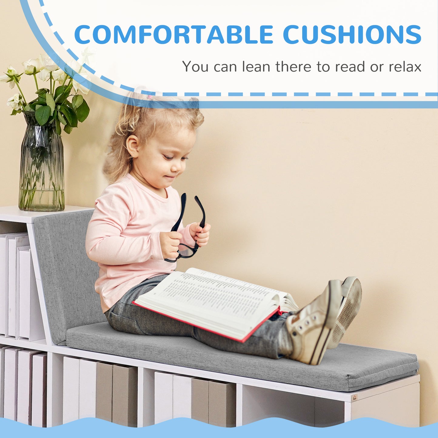 Multi-Purpose Bookshelf with 5 Cubes, 5-Cubby Bookcase with Cushioned Reading Nook and Storage Shelves, Grey