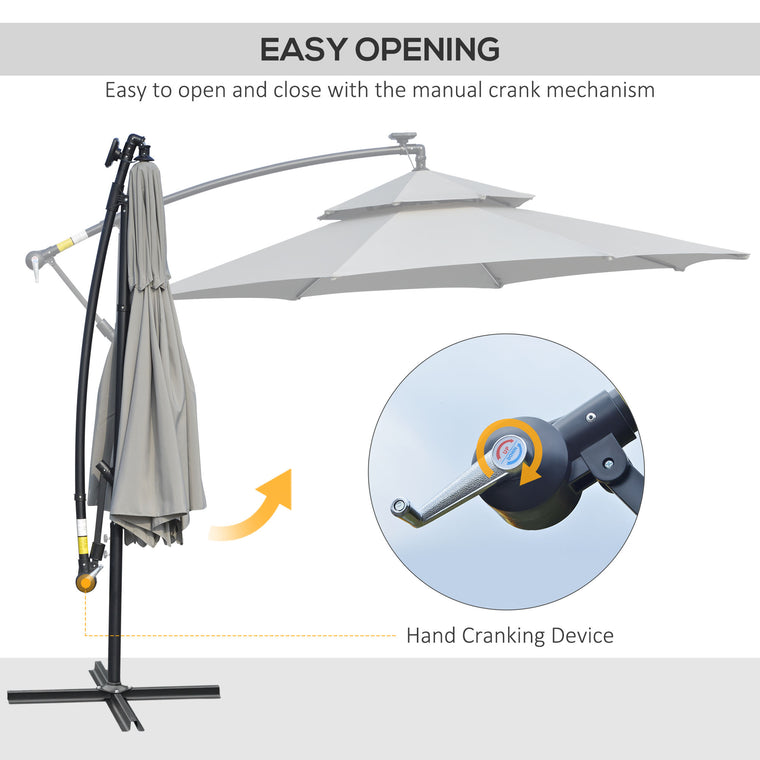 10FT Light Grey Cantilever Umbrella with Solar Lights & Crank