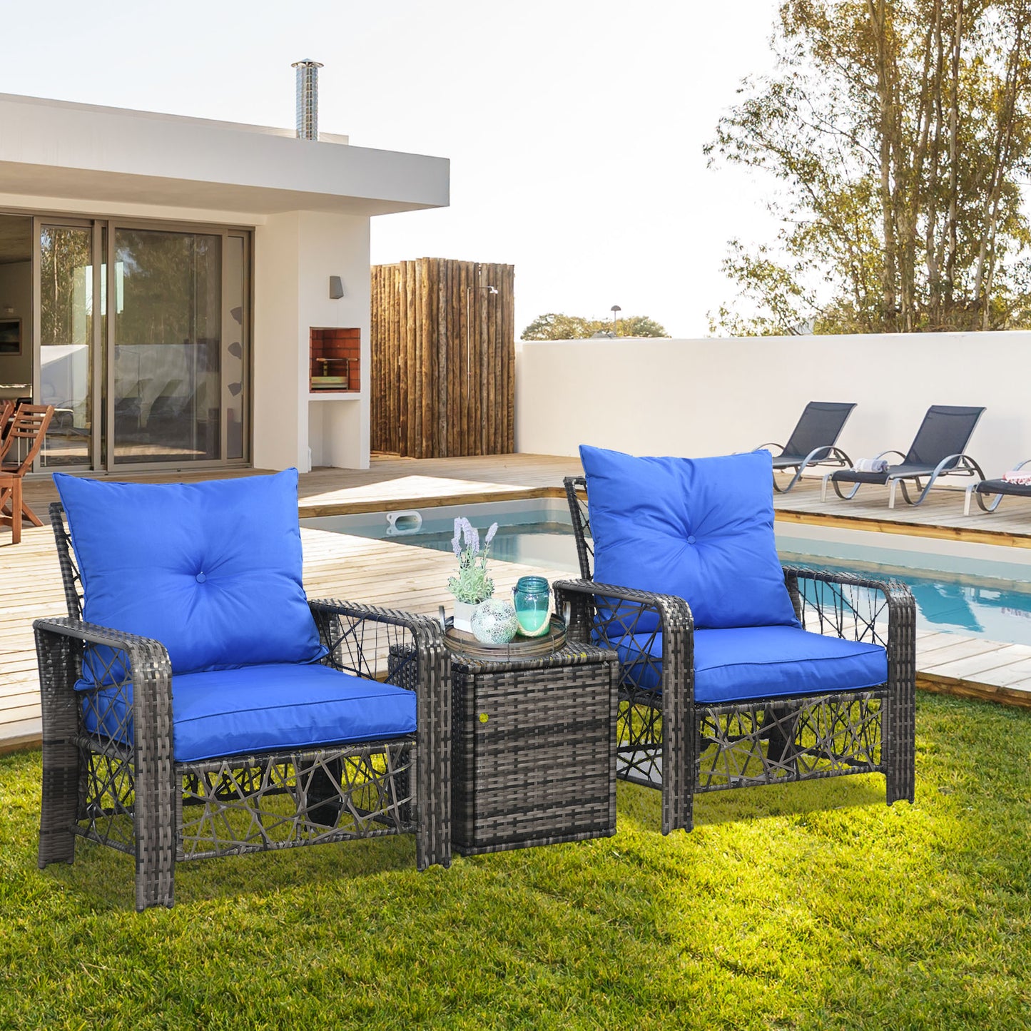 3 Pieces Wicker Patio Furniture Set, Rattan Bistro Set with Storage Coffee Table and Thickened Cushions, Outdoor Conversation Set for Garden, Porch, Balcony, Red
