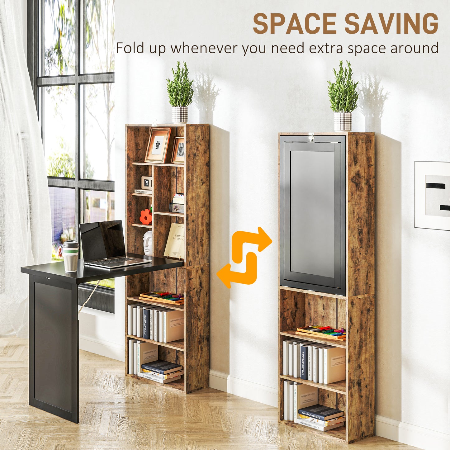 Fold-out Convertible Office Desk, Wall Mount Computer Desk with Blackboard and Side Shelf, Rustic Brown