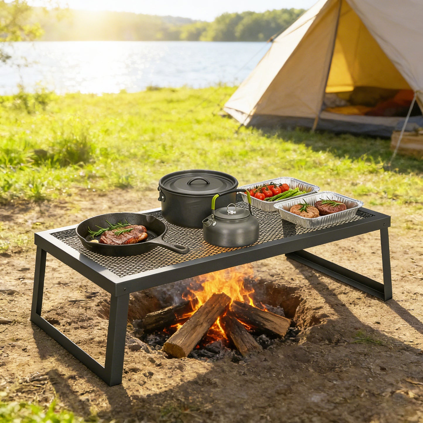 Folding Campfire Grill, 36" x 18" Heavy Duty Carbon Steel Grill Grate with Folding Legs, Black