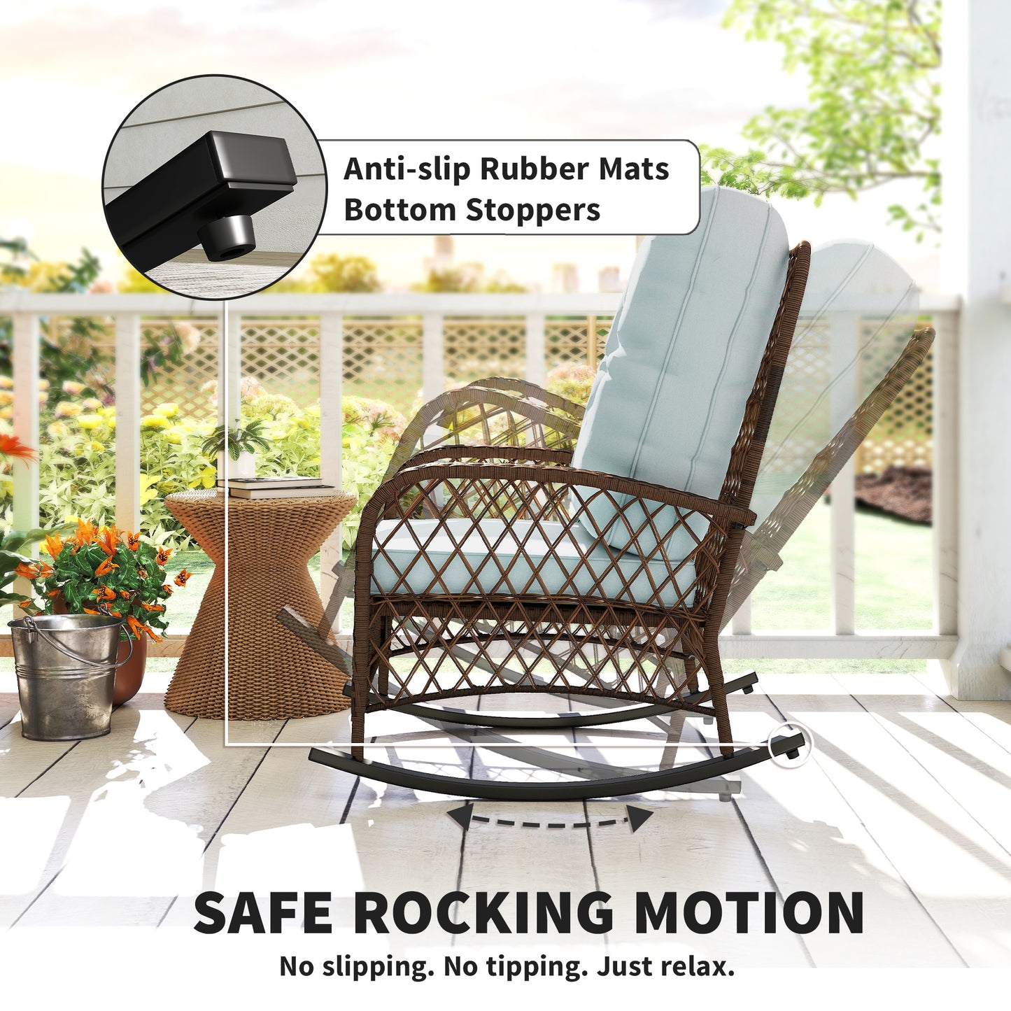 Outdoor Wicker Rattan Rocking Chair Patio Rocker with Thick Cushions for Garden Backyard Porch, Light Green