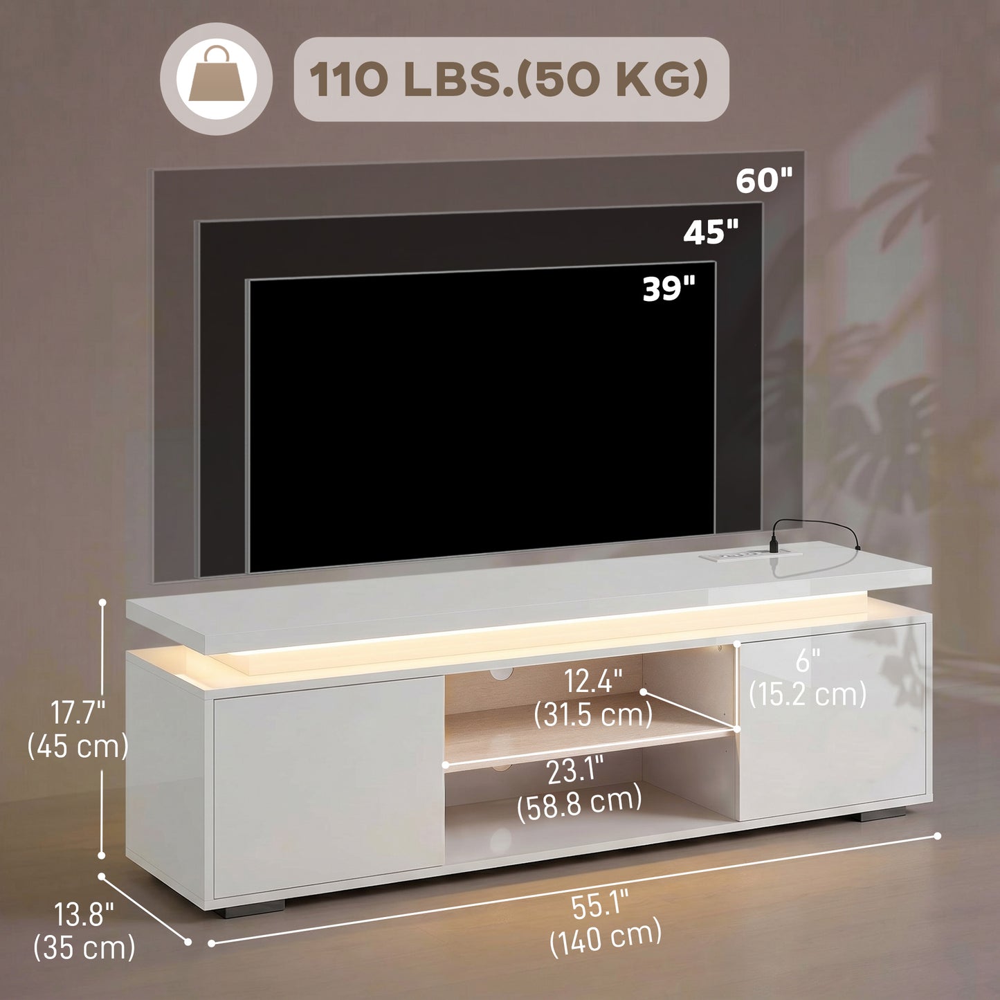 TV Stand for TVs up to 60 Inch, Modern Entertainment Center with LED Lights and Power Outlets, High Gloss White