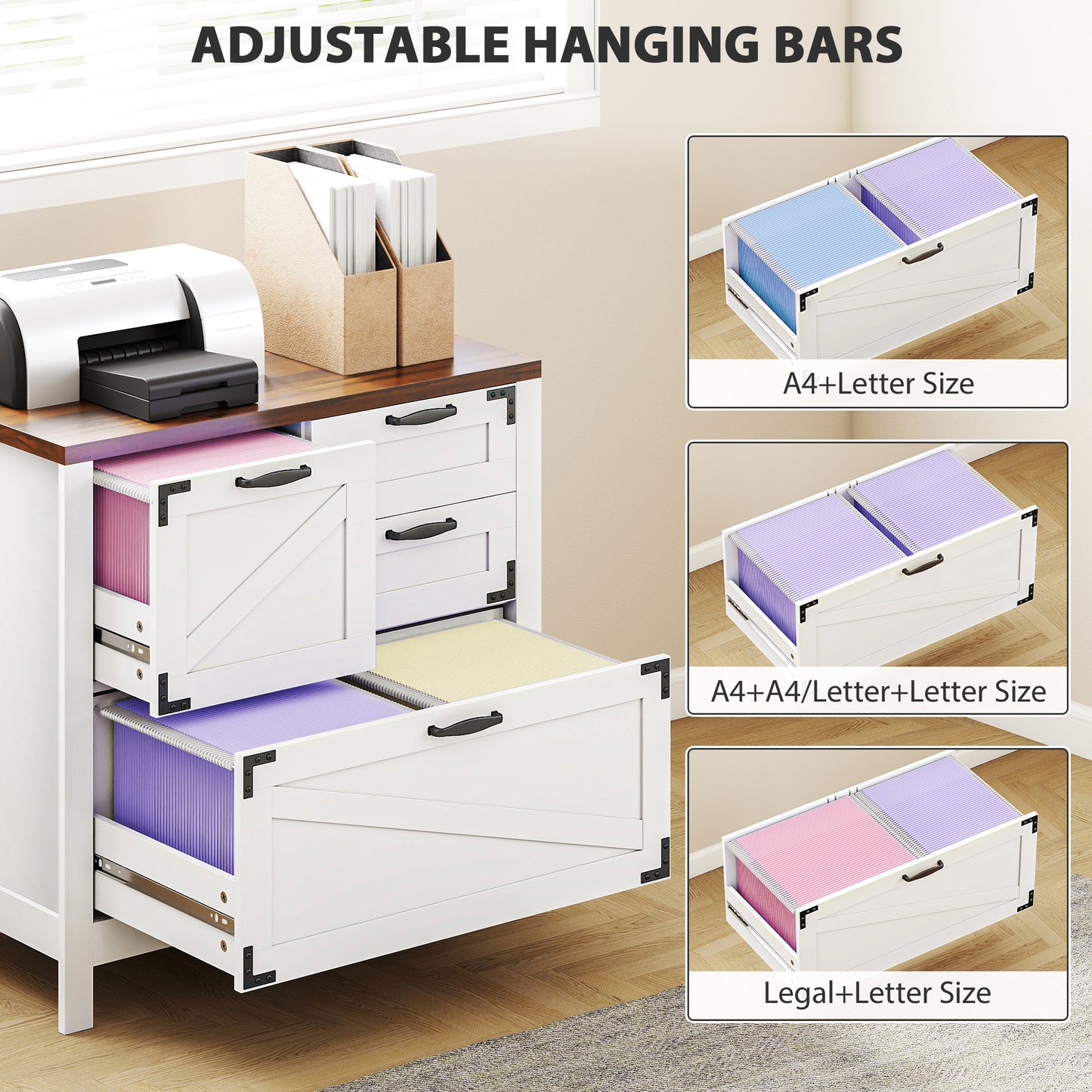 Lateral Filing Cabinet, Farmhouse File Cabinet with 4 Drawers, Fit Letter/A4/Legal Hanging Files, White