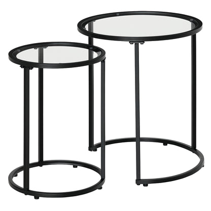 Set of 2 Round Nesting Coffee Tables with Glass Top - Black