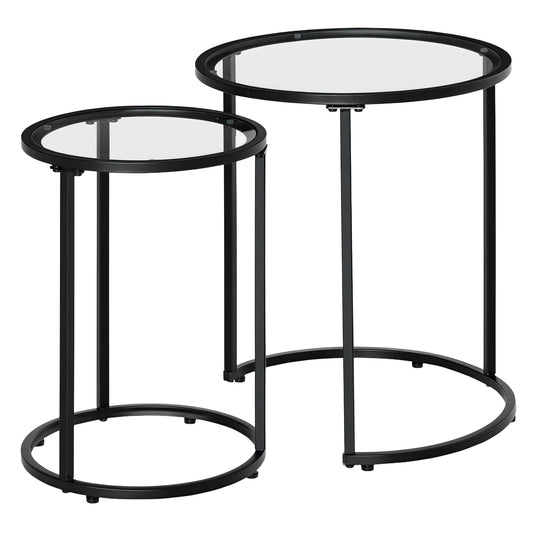 Set of 2 Round Nesting Coffee Tables with Glass Top - Black