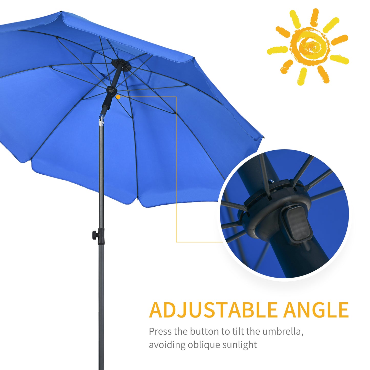 6ft Beach Umbrella, Outdoor Sun Shade Parasol with Push Button Tilt, Ruffled UV50+ Vented Canopy, Blue