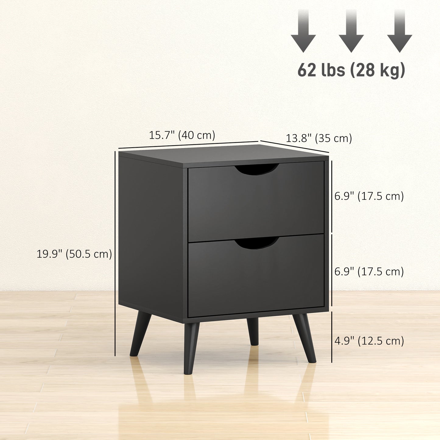 Modern Bedside Table Set of 2, Nightstand with 2 Drawers and Pine Wood Legs for Bedroom, Black