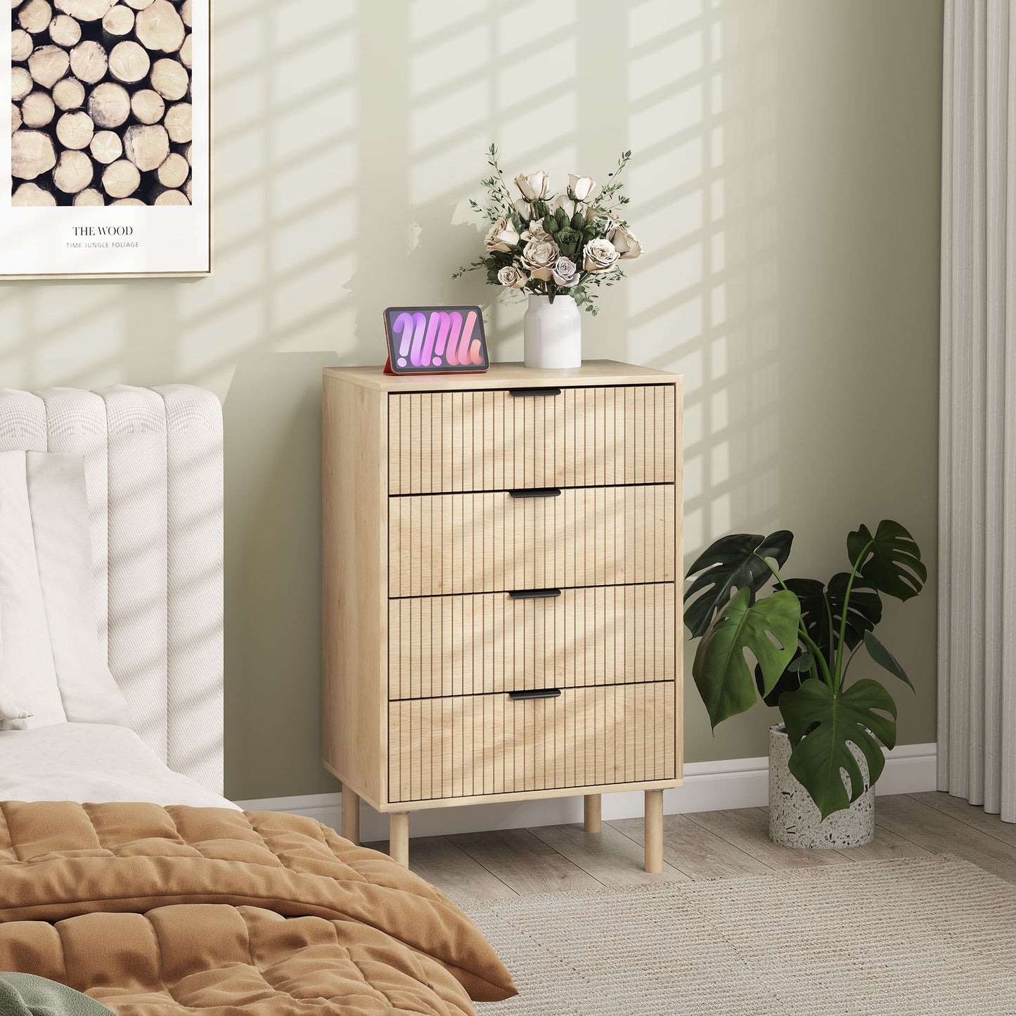 Chest of Drawers, 4 Drawer Dresser with Fluted Panels and Solid Wood Legs, Storage Cabinet for Living Room, Oak