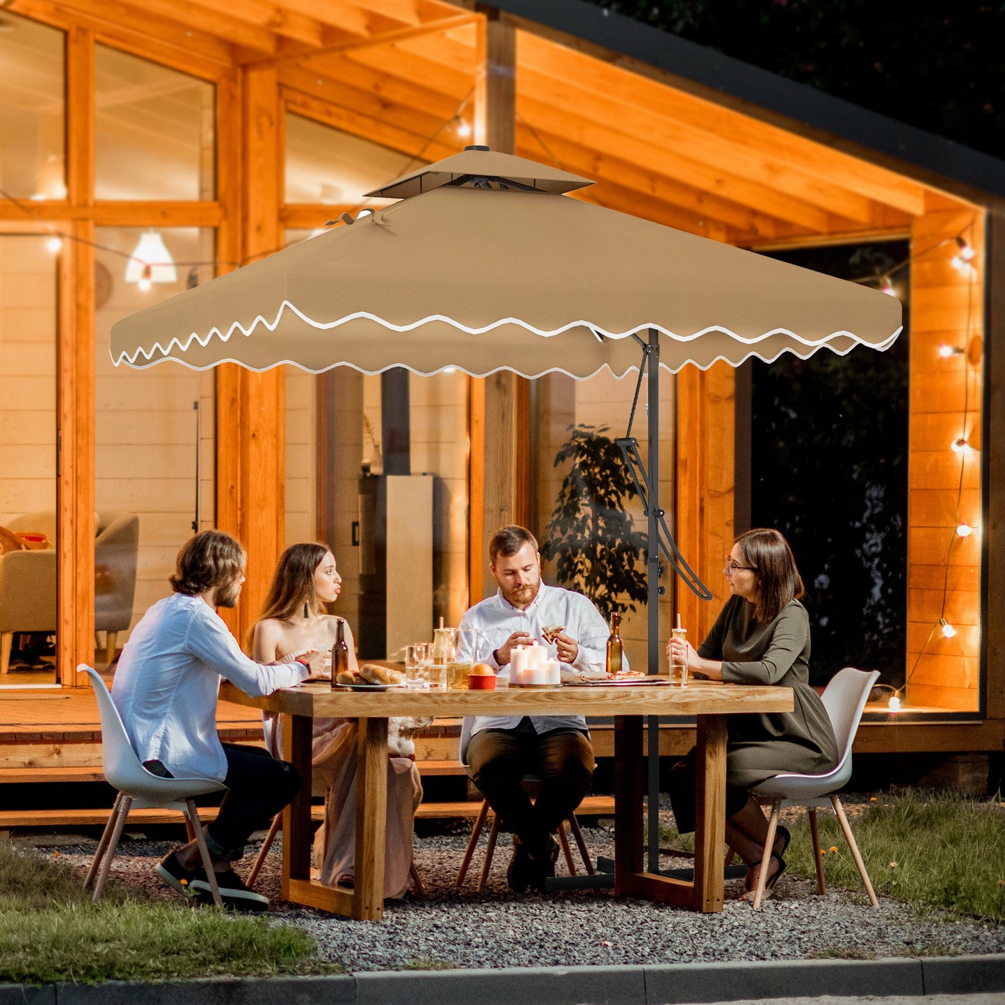 8' x 8' Khaki Double-Top Offset Parasol with Solar LEDs