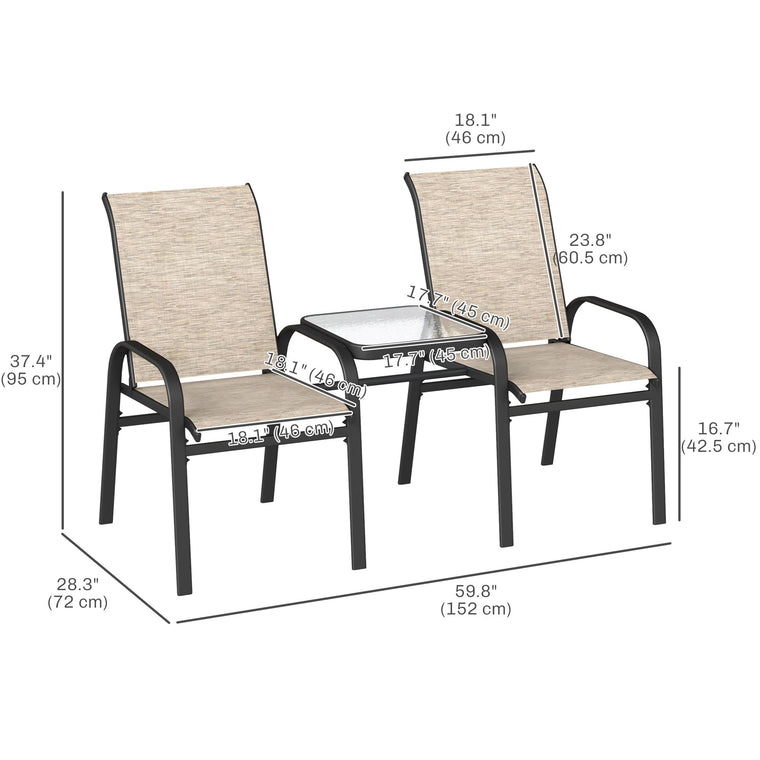Garden Loveseat Bench with Glass Table and Mesh Seat