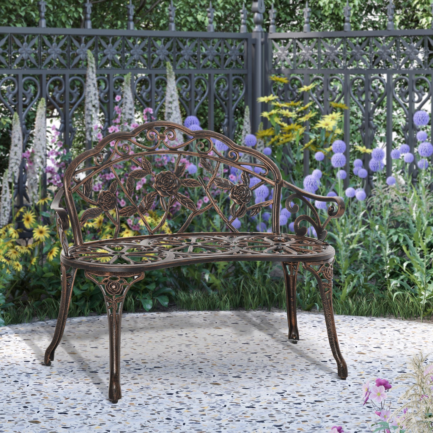 40" Outdoor Garden Bench, Cast Aluminum Antique Rose Style Patio Garden Park Loveseat Bench for Backyard, Porch, Balcony, Lawn, Bronze