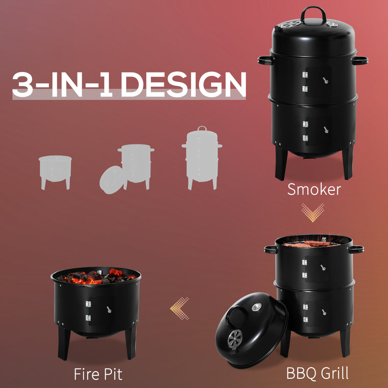 16" Black 3-in-1 Vertical Charcoal BBQ Smoker with Thermometer