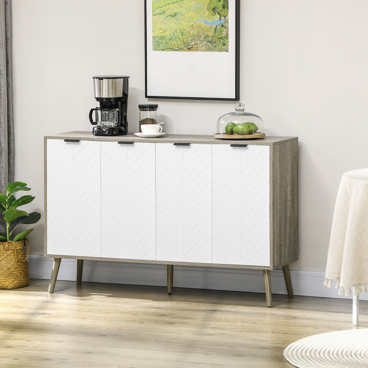 Modern Sideboard and Buffet, Dining Room Cabinet with Adjustable Shelves and 4 Doors, Grayish Brown