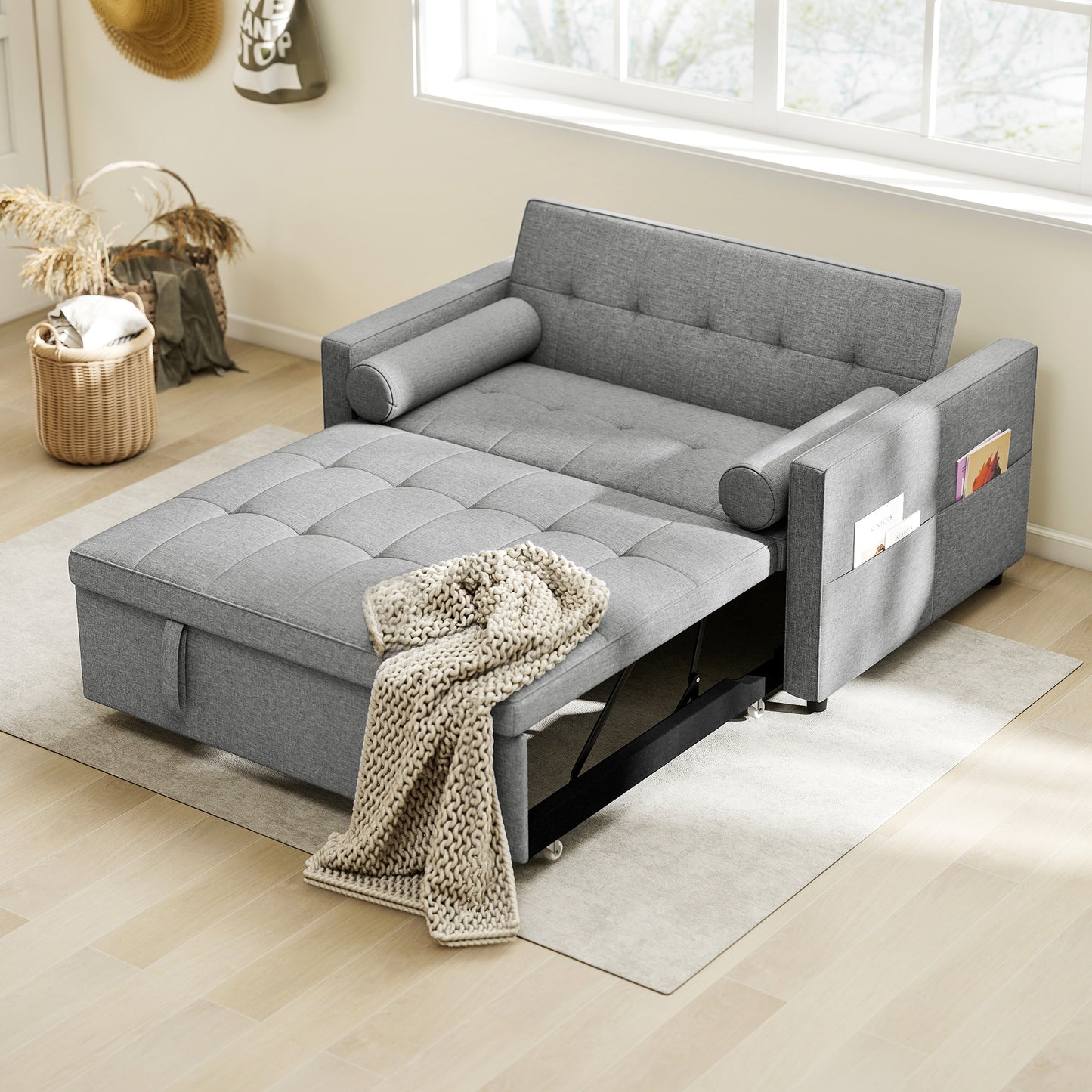 Pull Out Sofa Bed, Sleeper Sofa Couch with USB Ports, Small Linen Loveseat Futon Couch for Living Room, Grey