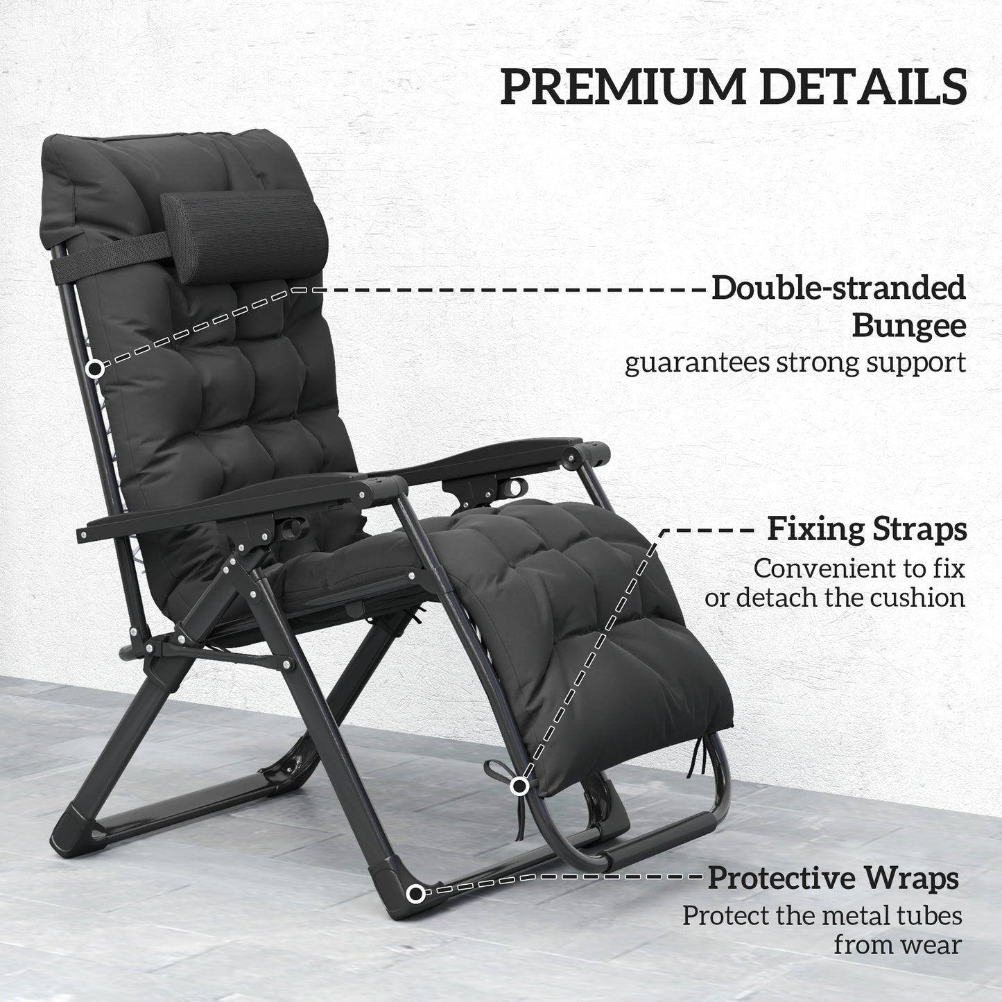 Folding Garden Chair, Reclining Zero Gravity Chair, Sun Lounger with Cushion and Headrest, Black