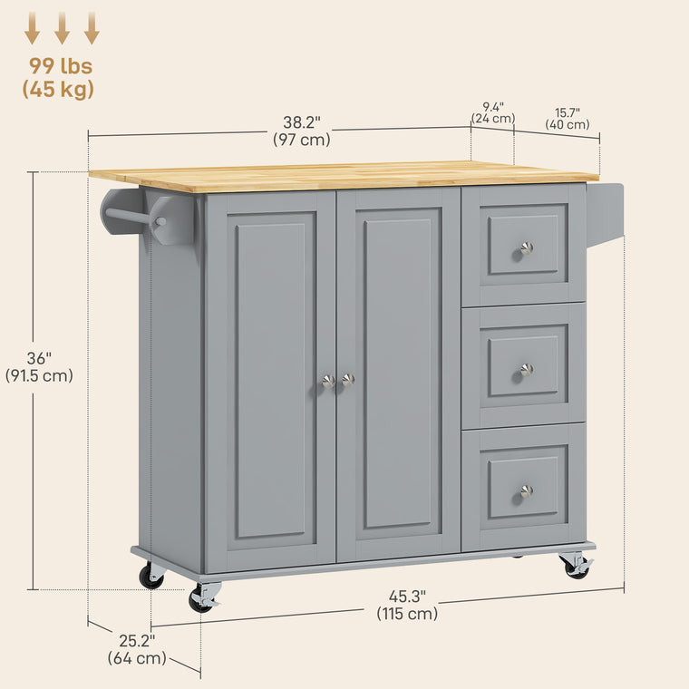 Rolling Kitchen Cart with Drop Leaf and Drawers - Grey