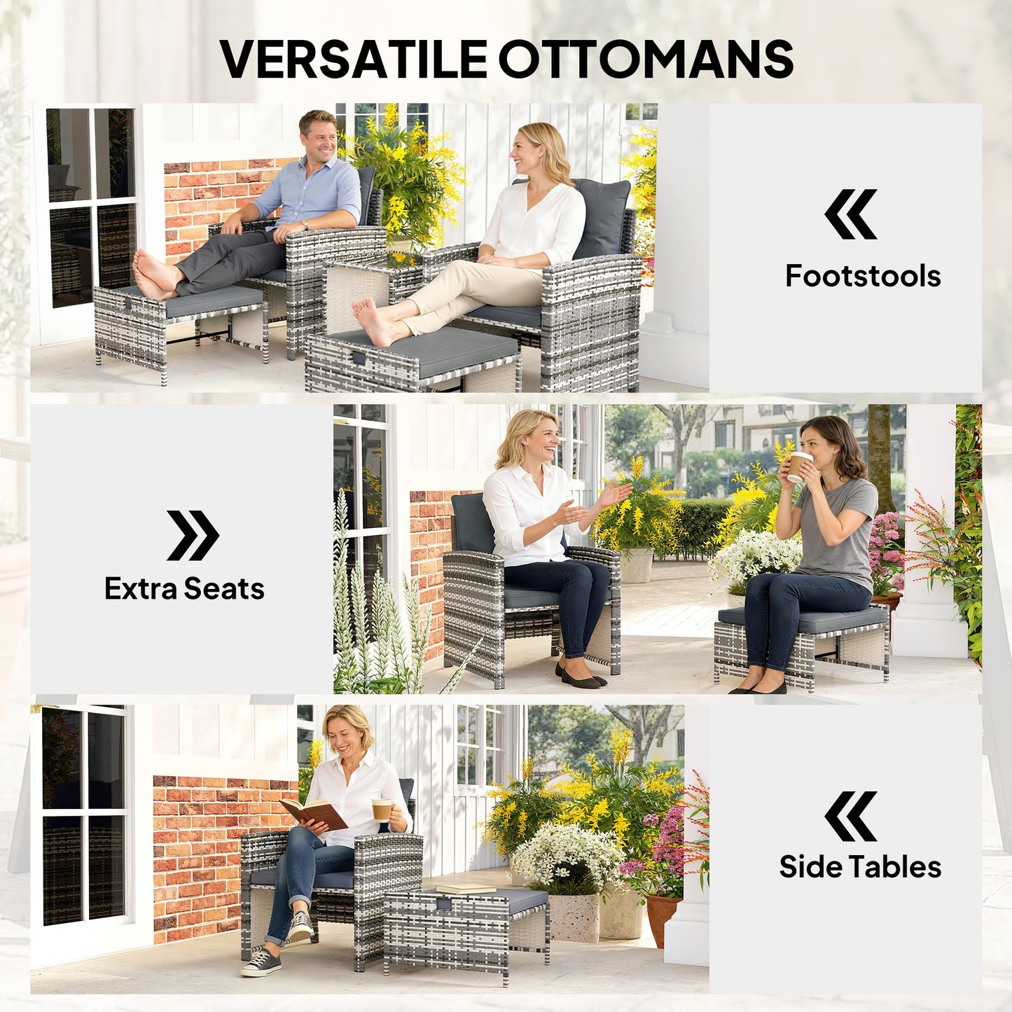 Wicker Patio Chairs with Ottomans, 2-Tier Glass Coffee Table and Cushions, 5 Pcs Patio Furniture Set, Grey