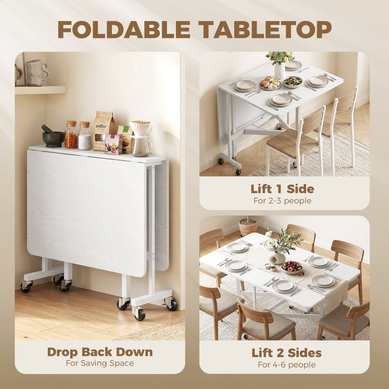 6-Seater Drop-Leaf Dining Table with Wheels - White