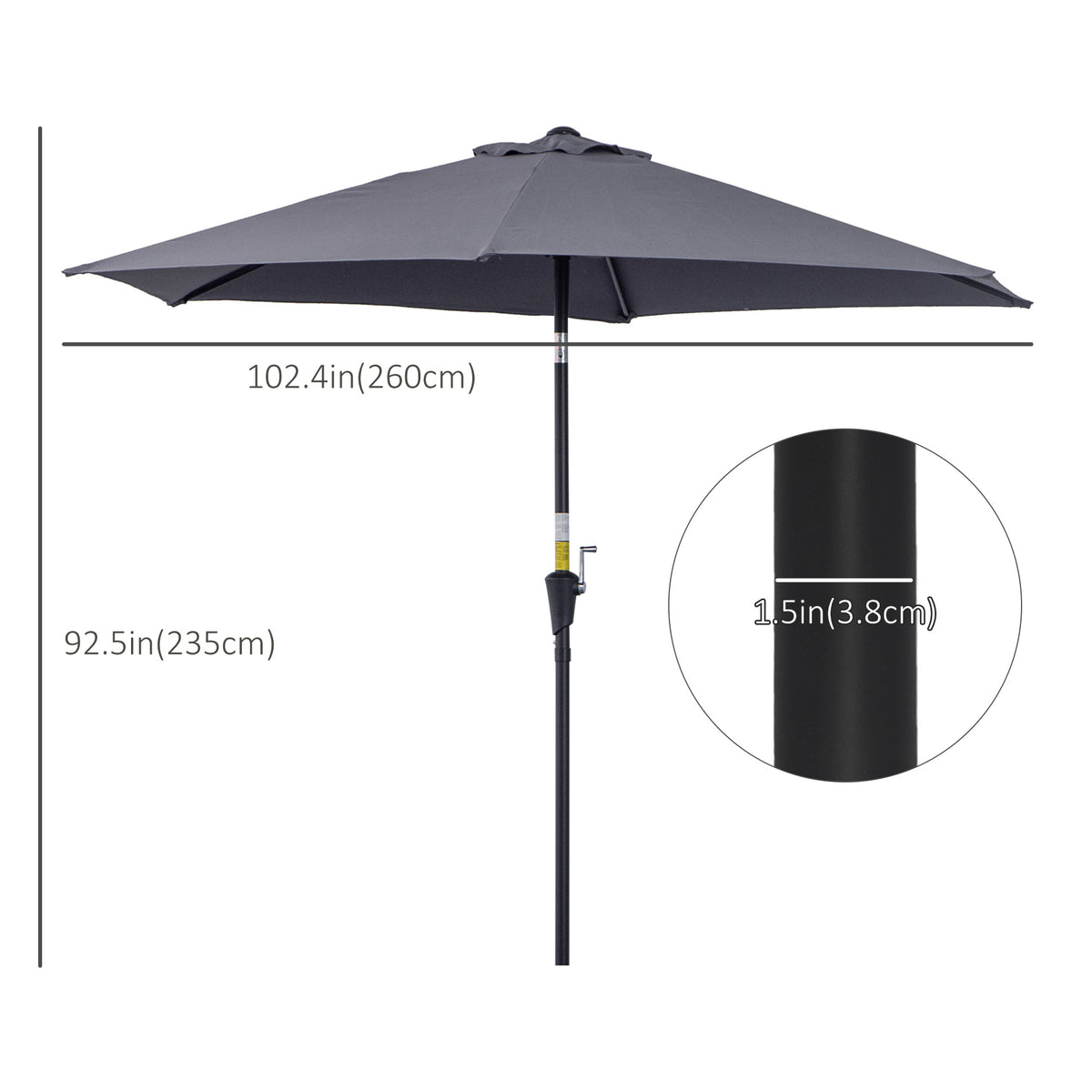 8.5FT Grey Round Garden Parasol with 6 Ribs & Crank Handle