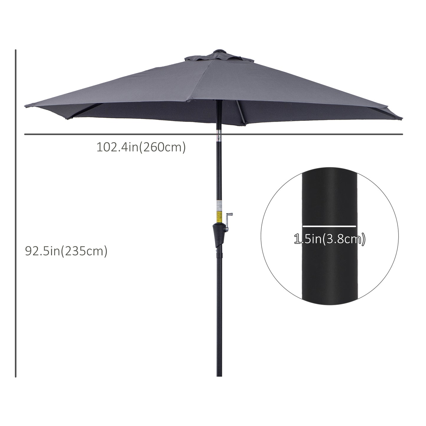 8.5FT Grey Round Garden Parasol with 6 Ribs & Crank Handle