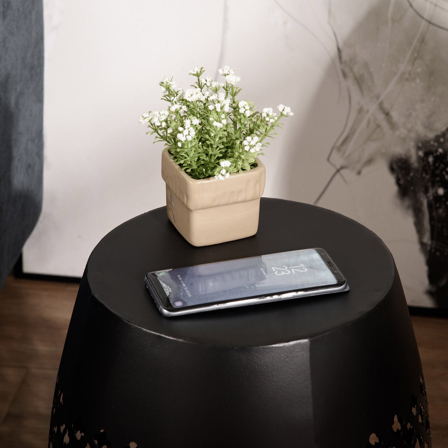 12" Steel Patio End Table, Round Hollow Drum Side Table, Accent Table for Indoor and Outdoor, Black